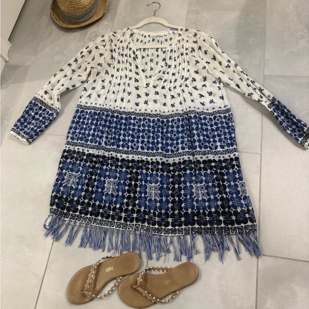 Roller Rabbit White and Blue Patterned Fringe-Hem Tunic Coverup